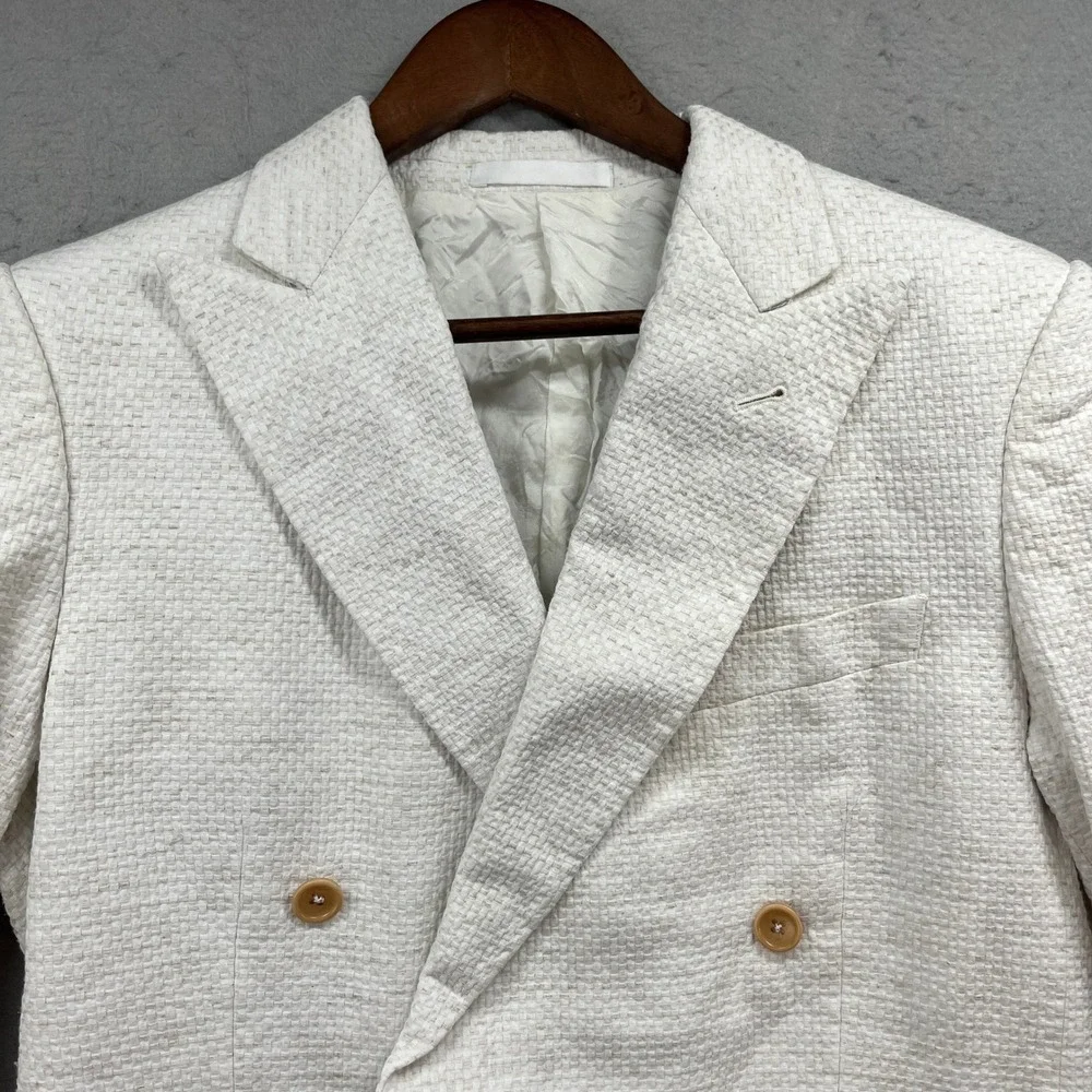 Sebastian Cruz Couture Blazer Men 40L White Double Breasted Textured Luxury Prep